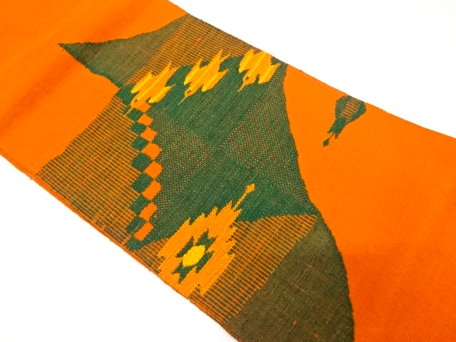 JAPANESE NAGOYA OBI / MAWATA TSUMUGI / WOVEN BIRD & ABSTRACT